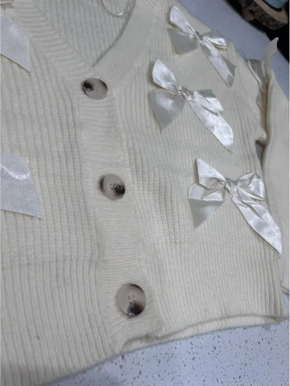 Debut Cream Button-Down Cardigan - Ribbon Bow Accents - Size S/M - Cottagecore - Picture 8 of 8